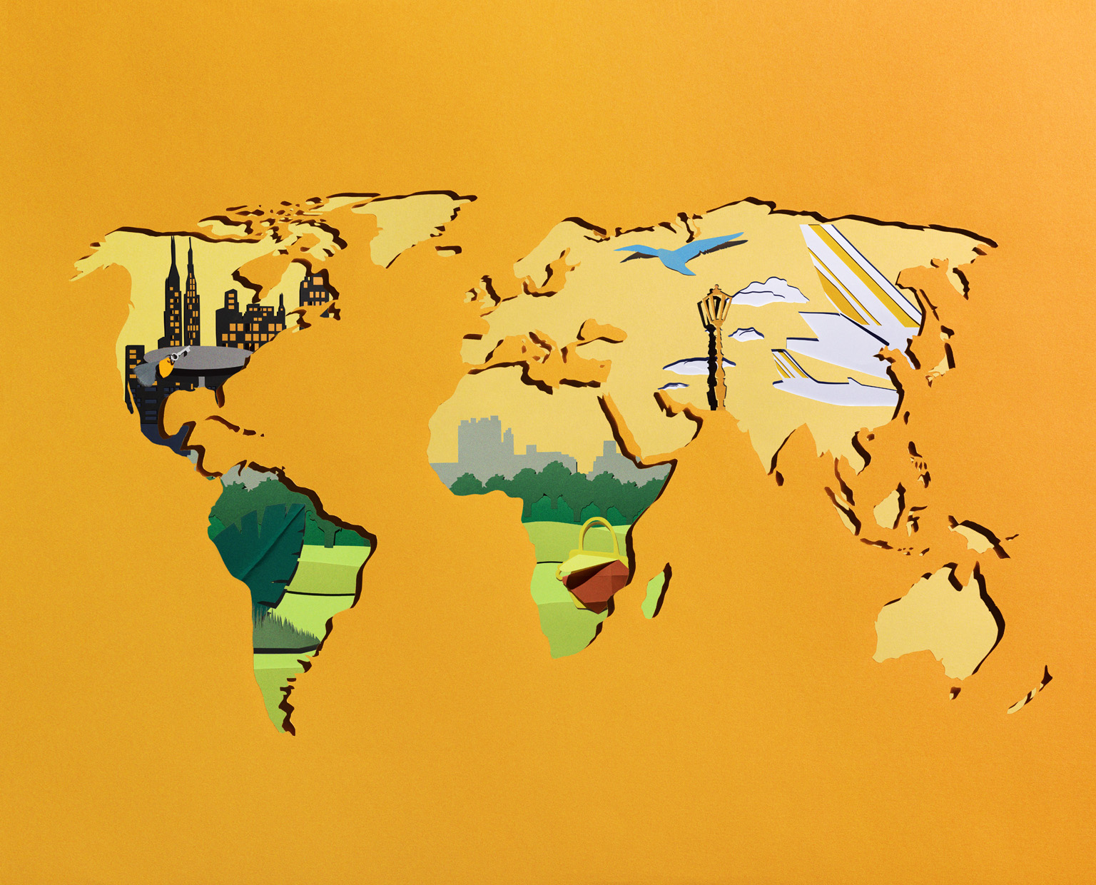 Set Design Paper Art Carte du Monde, voyage, cible, direction, Partout, Paper Art, Kirigami Laure Devenelle Pack Journey pour VCP Veuve Clicquot Ponsardin