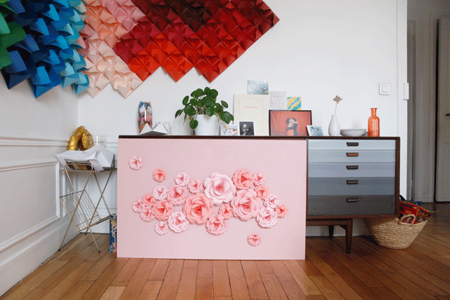 noces de papier, tableau mural, roses Origami, fleurs en papier, origami, papiers roses, commande particulière, 2017, laure devenelle