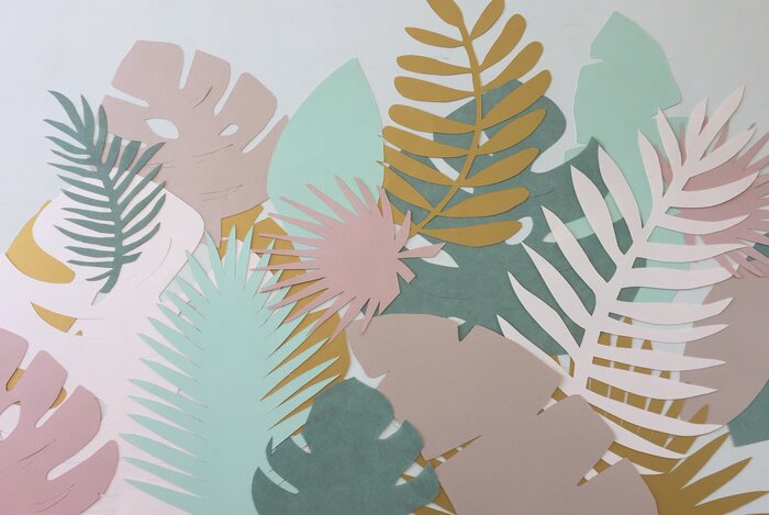 Feuillage tropical zoom, art du papier, paper cut, gamme pastel, creation Laure Devenelle, Paris, 2019