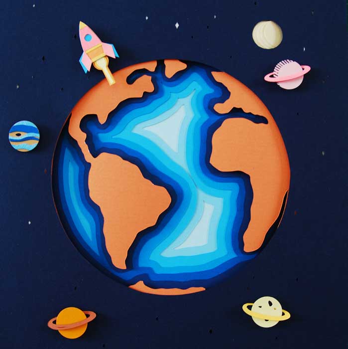 Planete journée de la Terre, fusée, Nuit, superposition paper art, papier clairefontaine, Laure Devenelle