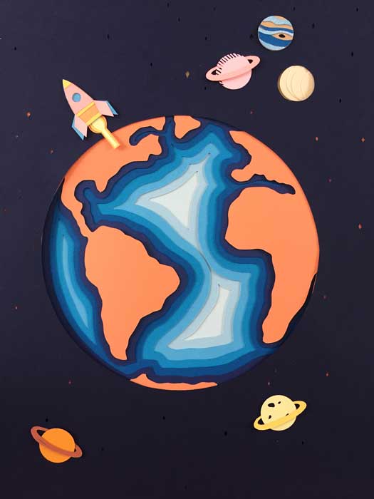 Planete journée de la Terre, tableau final, fusée, superposition paper art, papier clairefontaine, Laure Devenelle