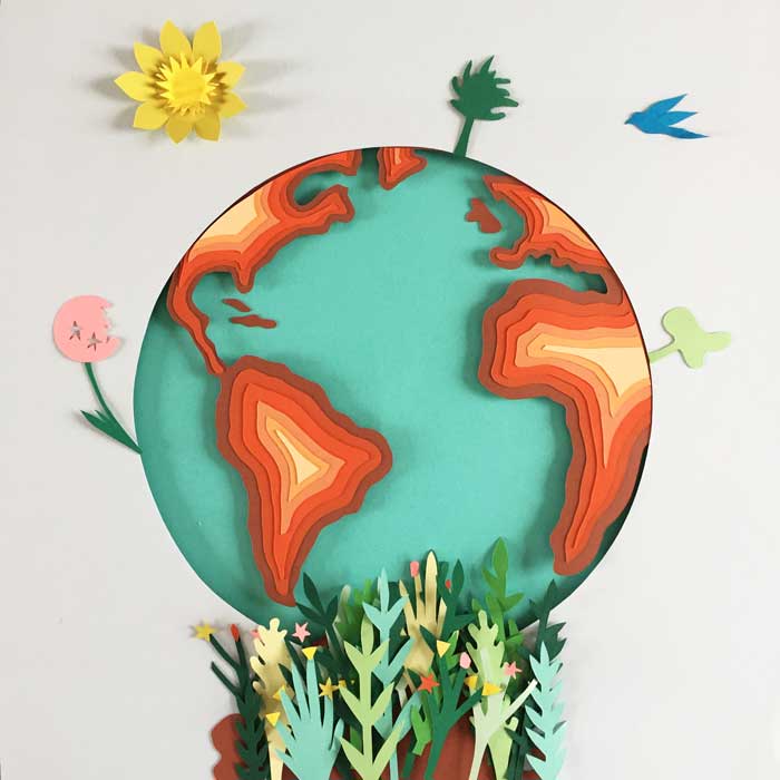 Planete journée de la Terre, jour, superposition paper art, papier clairefontaine, Laure Devenelle