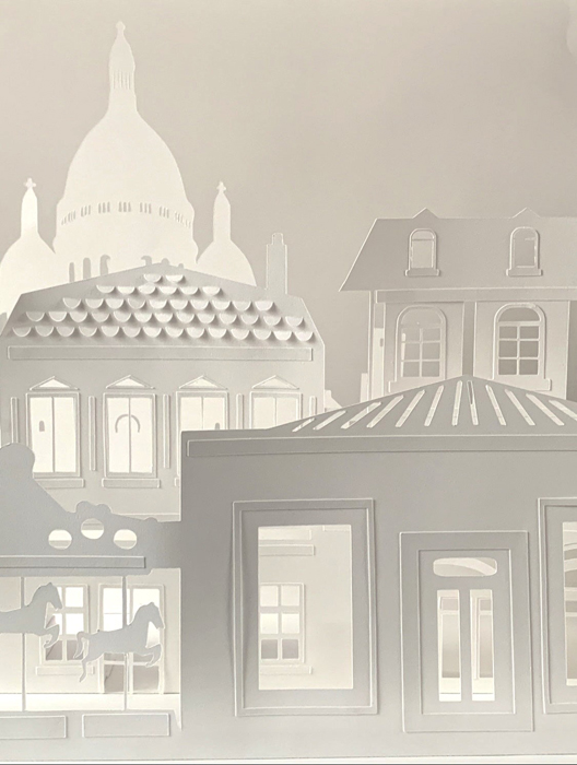 Illustration papier découpé paper cut des immeubles de Montmartre à Paris, poésie du blanc pour Sodexo et Air france, de Laure Devenelle, 2021