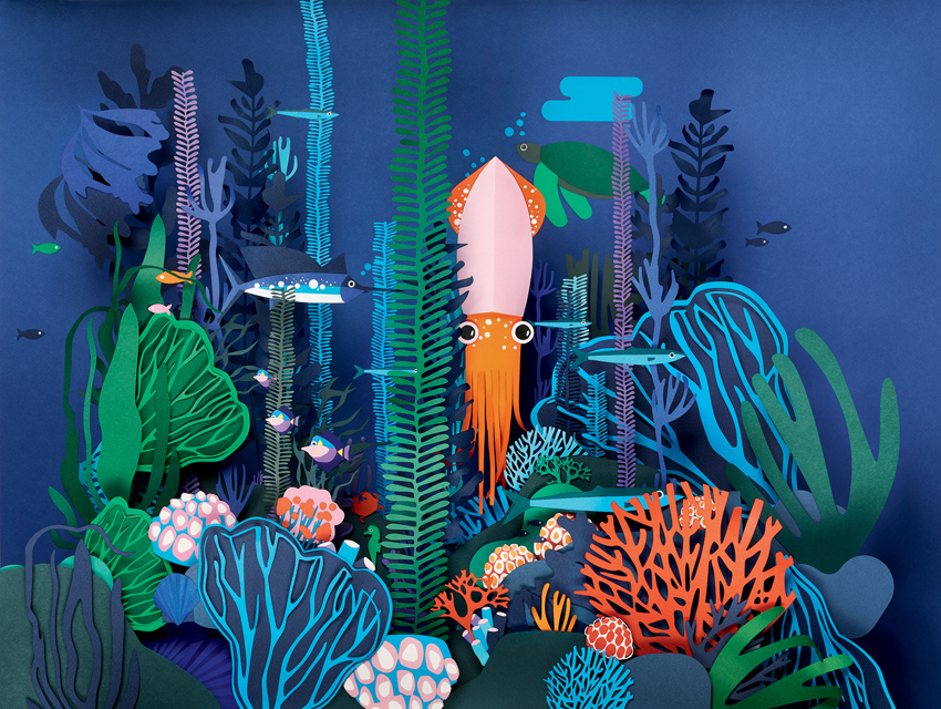 Marin Life, vie sous marine en papier, paysage marin, set design paper pour La Roche Posay, agence Franck Salier, Photo Olivier Lecomte et Design Paper Art Laure Devenelle, 2021