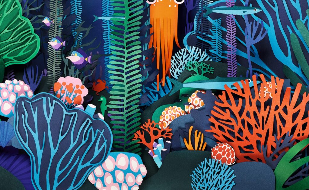 faune sous marine en papier, 3D paper aqua paper life, coraux anemones en papier, creation Laure Devenelle, 2021