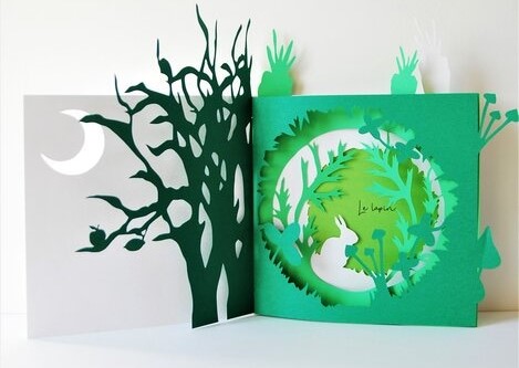menu en papier découpé, kirigami design paper histoire autour du lapin, pour le chef Davy Tissot pour le concours des Bocuse d'or 2019 à Paris, création Laure Devenelle