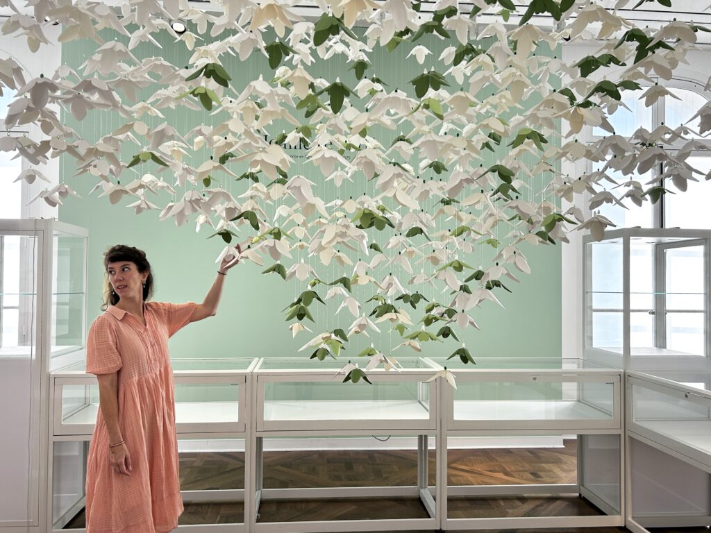 Scénographie de papier, jardin de perce neige pour la maison de ventes aux enchères Christie's Paris, juin 2025. Conception et création Laure Devenelle, portrait d'artiste